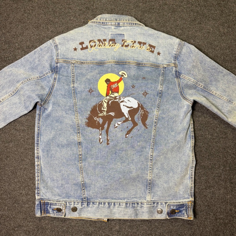 Raising Cane's Denim Jacket Unisex Small Blue Western Cowboy Trucker Graphic